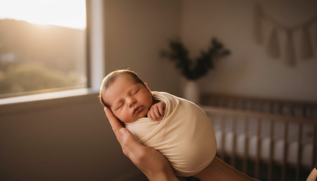 An intimate and tender shot capturing gentle Hillside Victoria newborn photography, featuring a peaceful baby swaddled in soft cream, cradled by a parent's hands, bathed in warm, soft morning light streaming through a window in a contemporary Hillside home.