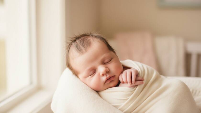 A tender, close-up portrait showcasing gentle Malvern East newborn photography natural light, with a sleeping baby swaddled in soft fabrics, bathed in warm, ethereal light from a large window, creating a serene and timeless 'epic moment'.