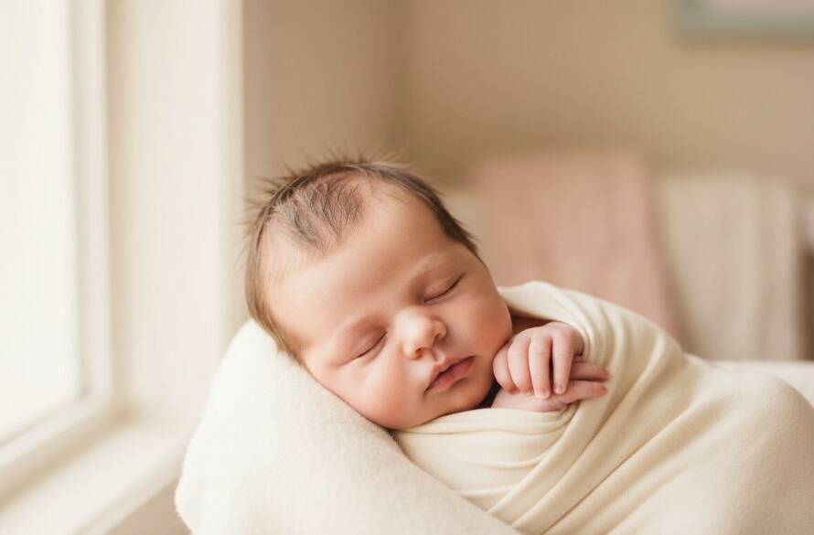 A tender, close-up portrait showcasing gentle Malvern East newborn photography natural light, with a sleeping baby swaddled in soft fabrics, bathed in warm, ethereal light from a large window, creating a serene and timeless 'epic moment'.