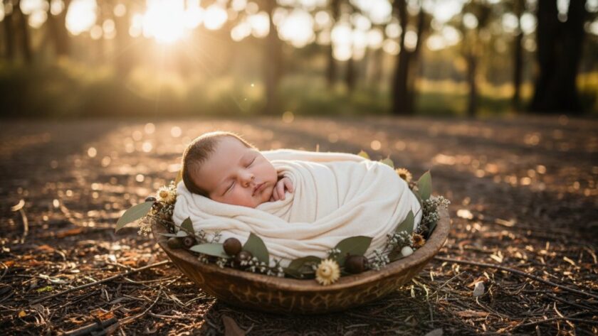 A serene and emotionally resonant 'epic moment' photograph capturing a baby gently swaddled in soft, organic fabric, nestled safely in a rustic wooden basket amidst the sun-dappled, natural bushland of Mount Clear, Victoria. The scene is bathed in warm, golden hour light, highlighting the baby's delicate features and the gentle texture of the surroundings, evoking feelings of peace and new beginnings. This professional, colour-graded image showcases gentle Mount Clear newborn photography outdoor portraits at its finest.