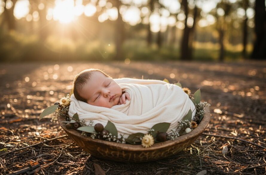 A serene and emotionally resonant 'epic moment' photograph capturing a baby gently swaddled in soft, organic fabric, nestled safely in a rustic wooden basket amidst the sun-dappled, natural bushland of Mount Clear, Victoria. The scene is bathed in warm, golden hour light, highlighting the baby's delicate features and the gentle texture of the surroundings, evoking feelings of peace and new beginnings. This professional, colour-graded image showcases gentle Mount Clear newborn photography outdoor portraits at its finest.