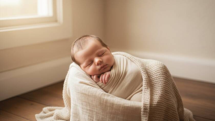 A tender, epic moment photograph showcasing a newborn baby in Altona North, softly swaddled and sleeping peacefully in a rustic wooden prop, bathed in dramatic, warm window light, symbolizing the purity of Gentle Newborn Photography Altona North Sessions.