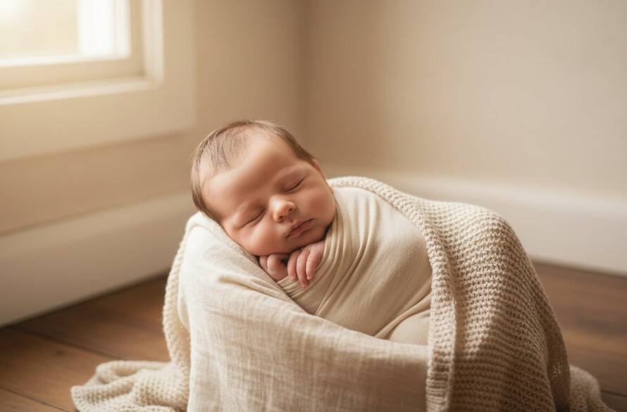 A tender, epic moment photograph showcasing a newborn baby in Altona North, softly swaddled and sleeping peacefully in a rustic wooden prop, bathed in dramatic, warm window light, symbolizing the purity of Gentle Newborn Photography Altona North Sessions.