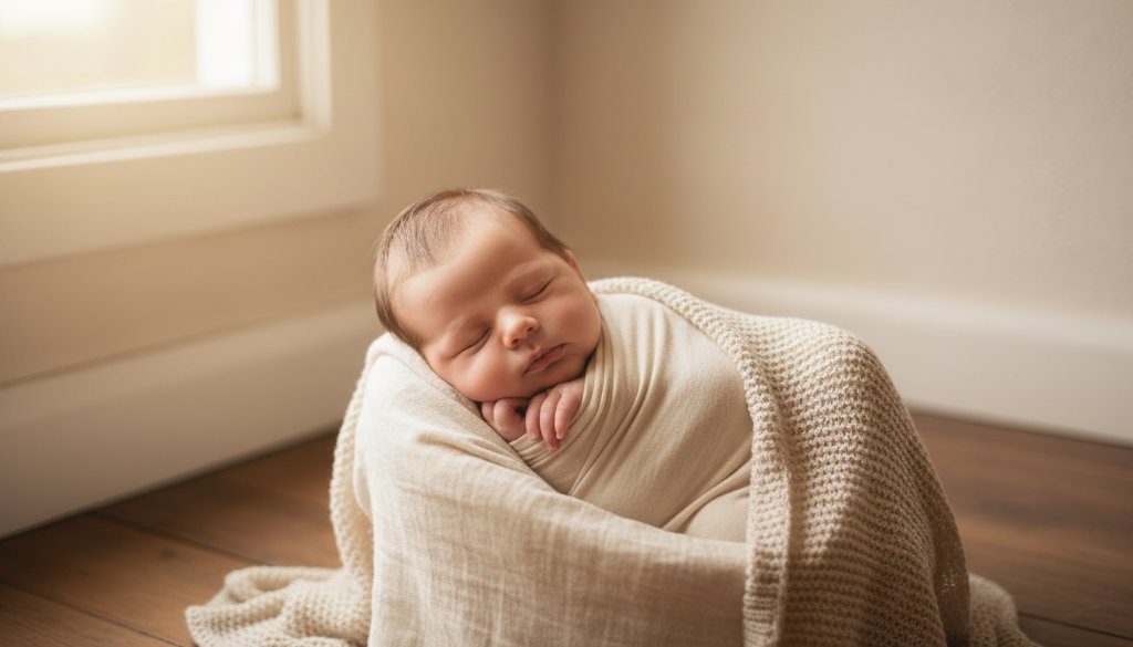 A tender, epic moment photograph showcasing a newborn baby in Altona North, softly swaddled and sleeping peacefully in a rustic wooden prop, bathed in dramatic, warm window light, symbolizing the purity of Gentle Newborn Photography Altona North Sessions.