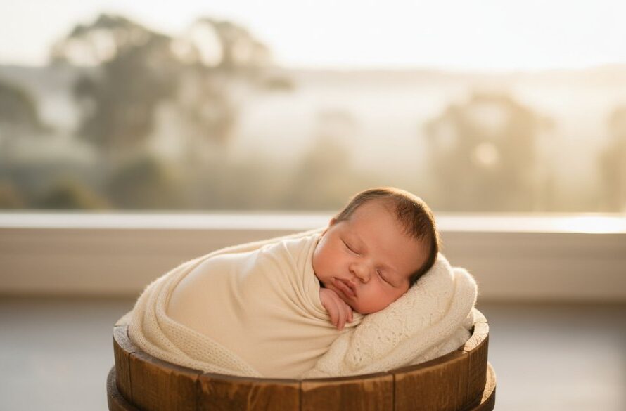A heartwarming and beautifully lit 'epic moment' photograph of gentle newborn photography Ararat Victoria families, featuring a baby nestled peacefully in a soft, handcrafted blanket, bathed in golden hour light against a subtly blurred backdrop hinting at the natural beauty of the Grampians near Ararat. The composition is tender, capturing pure innocence and professional colour grading.