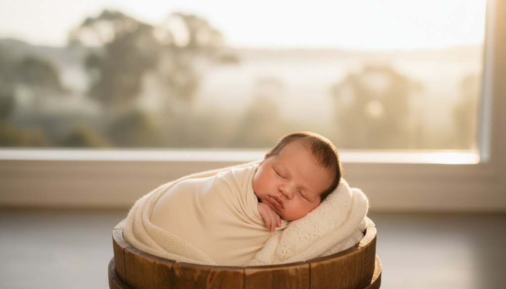 A heartwarming and beautifully lit 'epic moment' photograph of gentle newborn photography Ararat Victoria families, featuring a baby nestled peacefully in a soft, handcrafted blanket, bathed in golden hour light against a subtly blurred backdrop hinting at the natural beauty of the Grampians near Ararat. The composition is tender, capturing pure innocence and professional colour grading.
