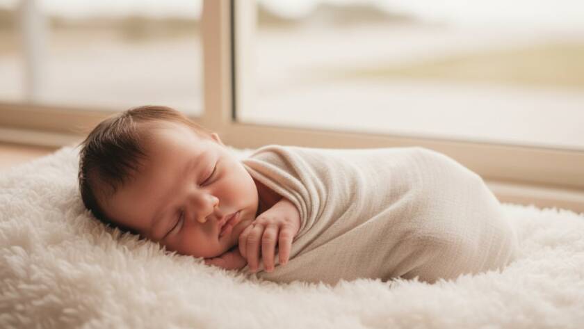 A breathtaking, warm-toned close-up portrait capturing the gentle newborn photography Aspendale beachside magic, featuring a sleeping baby swaddled in soft, natural fabric, bathed in soft, ethereal morning light filtering through a sheer curtain, with a subtle, blurred hint of a natural beach environment in the background. The baby has a serene expression, delicate features, and tiny fingers curled. Professional photography, cinematic, color-graded.