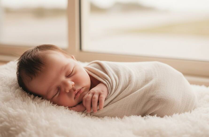 A breathtaking, warm-toned close-up portrait capturing the gentle newborn photography Aspendale beachside magic, featuring a sleeping baby swaddled in soft, natural fabric, bathed in soft, ethereal morning light filtering through a sheer curtain, with a subtle, blurred hint of a natural beach environment in the background. The baby has a serene expression, delicate features, and tiny fingers curled. Professional photography, cinematic, color-graded.