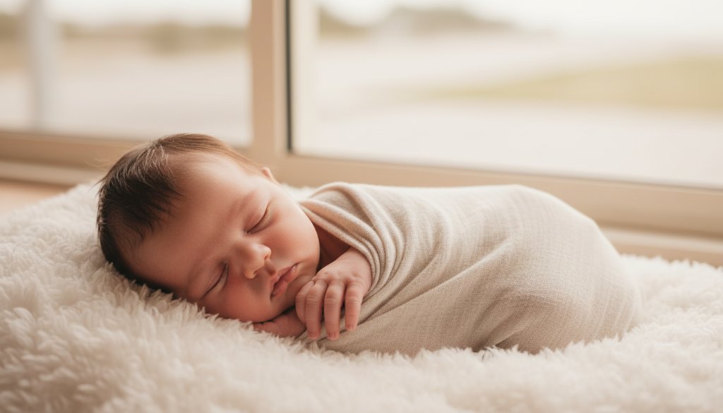 A breathtaking, warm-toned close-up portrait capturing the gentle newborn photography Aspendale beachside magic, featuring a sleeping baby swaddled in soft, natural fabric, bathed in soft, ethereal morning light filtering through a sheer curtain, with a subtle, blurred hint of a natural beach environment in the background. The baby has a serene expression, delicate features, and tiny fingers curled. Professional photography, cinematic, color-graded.