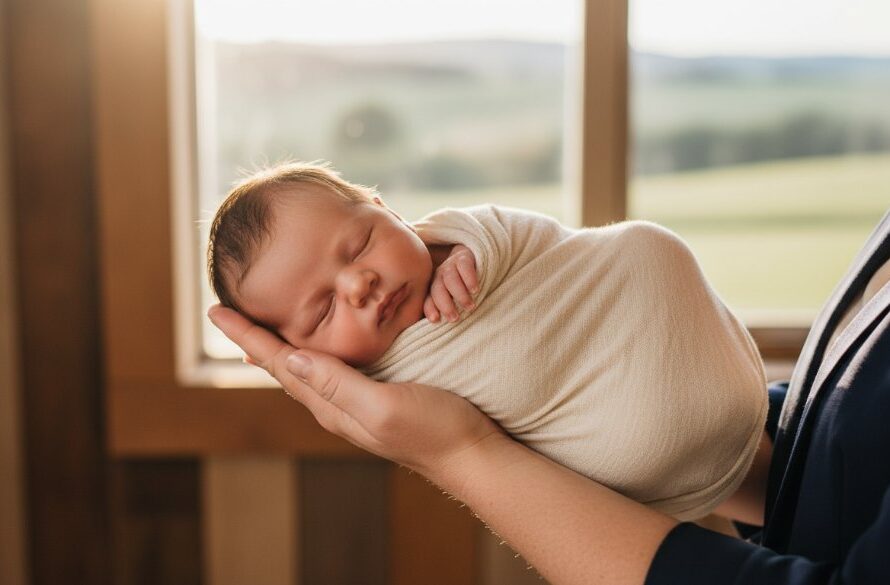 A heartwarming, softly lit epic moment of gentle newborn photography Bairnsdale, featuring a sleeping baby cradled by parents' hands against a natural, rustic backdrop reminiscent of Gippsland's serene landscapes, professionally color-graded with warm, inviting tones.