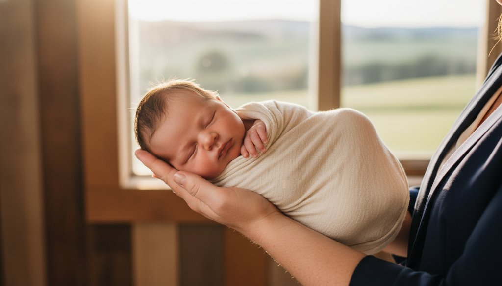 A heartwarming, softly lit epic moment of gentle newborn photography Bairnsdale, featuring a sleeping baby cradled by parents' hands against a natural, rustic backdrop reminiscent of Gippsland's serene landscapes, professionally color-graded with warm, inviting tones.