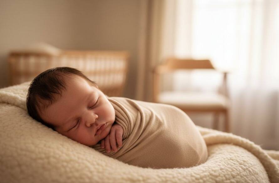 A serene close-up of a newborn baby, swaddled in soft cream fabric, peacefully asleep on a plush, textured blanket, illuminated by a warm, ethereal glow from a nearby window. The delicate details of tiny fingers and toes are visible, epitomising the tender art of Gentle Newborn Photography Blackburn North capturing tiny milestones, professionally lit and colour-graded to perfection.