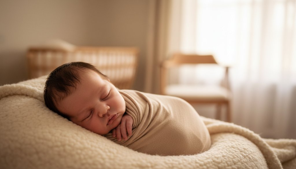 A serene close-up of a newborn baby, swaddled in soft cream fabric, peacefully asleep on a plush, textured blanket, illuminated by a warm, ethereal glow from a nearby window. The delicate details of tiny fingers and toes are visible, epitomising the tender art of Gentle Newborn Photography Blackburn North capturing tiny milestones, professionally lit and colour-graded to perfection.