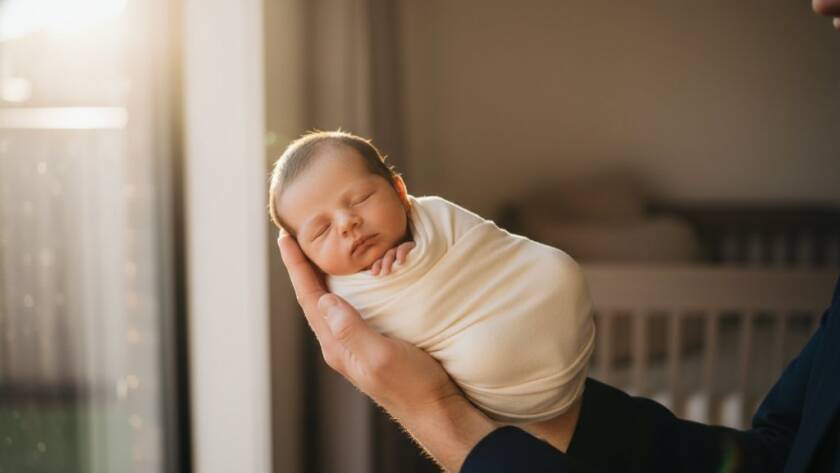 A breathtaking, professionally lit photograph of a peacefully sleeping newborn baby, swaddled in a soft, cream-coloured wrap, cradled in a parent's gentle hands, bathed in a warm, ethereal golden light filtering from a nearby window, creating a serene and tender scene of gentle newborn photography Box Hill capturing first moments, with a soft-focus background hinting at a comfortable Box Hill home.