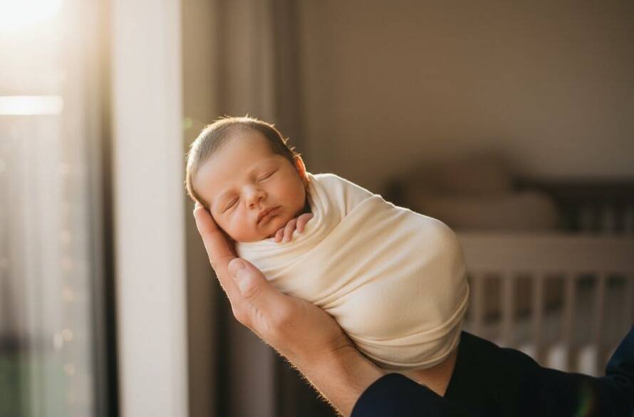 A breathtaking, professionally lit photograph of a peacefully sleeping newborn baby, swaddled in a soft, cream-coloured wrap, cradled in a parent's gentle hands, bathed in a warm, ethereal golden light filtering from a nearby window, creating a serene and tender scene of gentle newborn photography Box Hill capturing first moments, with a soft-focus background hinting at a comfortable Box Hill home.