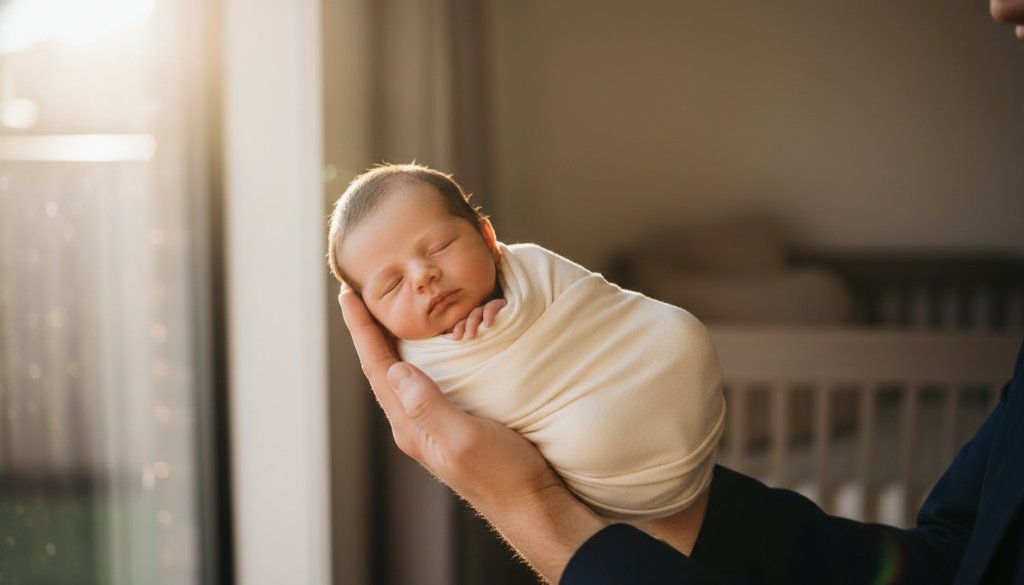 A breathtaking, professionally lit photograph of a peacefully sleeping newborn baby, swaddled in a soft, cream-coloured wrap, cradled in a parent's gentle hands, bathed in a warm, ethereal golden light filtering from a nearby window, creating a serene and tender scene of gentle newborn photography Box Hill capturing first moments, with a soft-focus background hinting at a comfortable Box Hill home.