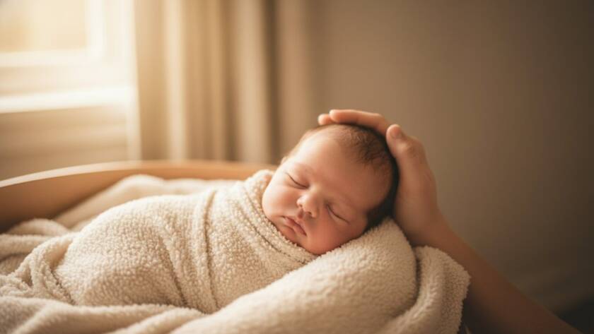 An emotionally resonant and beautiful close-up photograph of a newborn baby's tiny hand gently held by a parent, bathed in soft, warm, golden light, embodying the spirit of gentle newborn photography Burwood East families cherish. The scene evokes peace and profound connection.