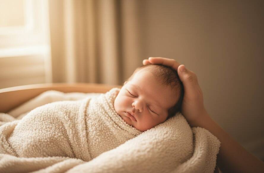 An emotionally resonant and beautiful close-up photograph of a newborn baby's tiny hand gently held by a parent, bathed in soft, warm, golden light, embodying the spirit of gentle newborn photography Burwood East families cherish. The scene evokes peace and profound connection.