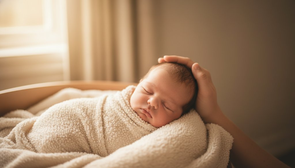 An emotionally resonant and beautiful close-up photograph of a newborn baby's tiny hand gently held by a parent, bathed in soft, warm, golden light, embodying the spirit of gentle newborn photography Burwood East families cherish. The scene evokes peace and profound connection.
