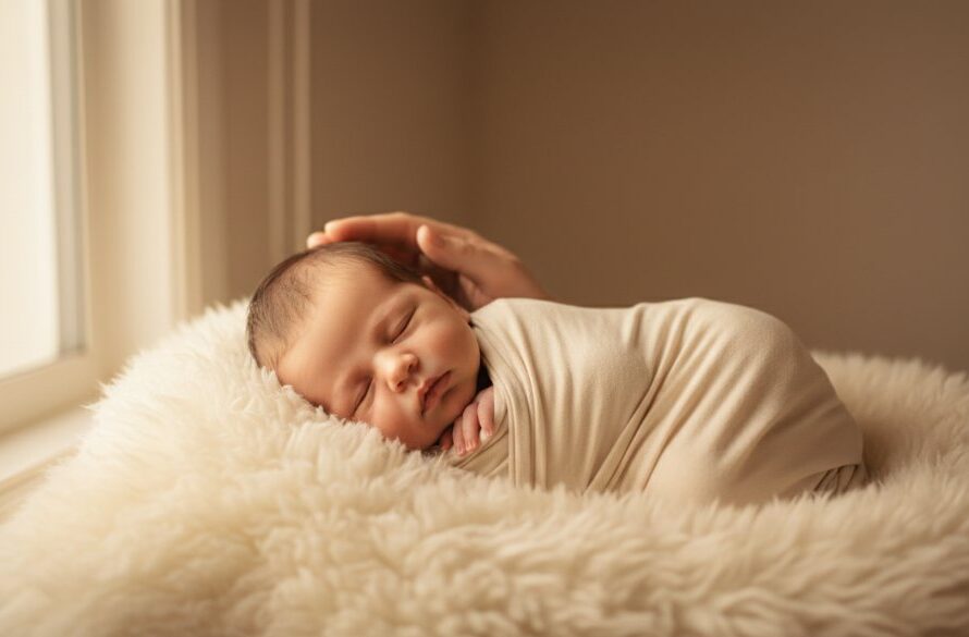 An intimate, heartwarming 'epic moment' photograph capturing gentle newborn photography Churchill Victoria, featuring a peacefully sleeping baby swaddled in soft white fabric, bathed in warm, ethereal window light, with a parent's hand softly cradling them, evoking profound love and serenity.