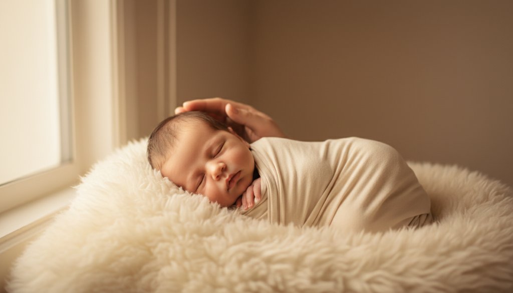 An intimate, heartwarming 'epic moment' photograph capturing gentle newborn photography Churchill Victoria, featuring a peacefully sleeping baby swaddled in soft white fabric, bathed in warm, ethereal window light, with a parent's hand softly cradling them, evoking profound love and serenity.