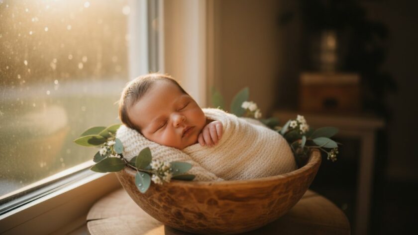 A heartwarming and gentle newborn photography Churchill Victoria portrait. A peacefully sleeping baby, swaddled in soft, natural fabric, lies nestled in a rustic wooden basket, adorned with delicate eucalyptus leaves, bathed in warm, soft window light, captured with a shallow depth of field, evoking a sense of pure innocence and new beginnings.