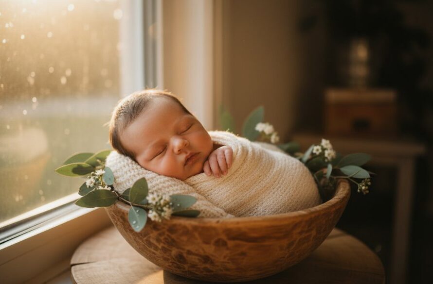 A heartwarming and gentle newborn photography Churchill Victoria portrait. A peacefully sleeping baby, swaddled in soft, natural fabric, lies nestled in a rustic wooden basket, adorned with delicate eucalyptus leaves, bathed in warm, soft window light, captured with a shallow depth of field, evoking a sense of pure innocence and new beginnings.