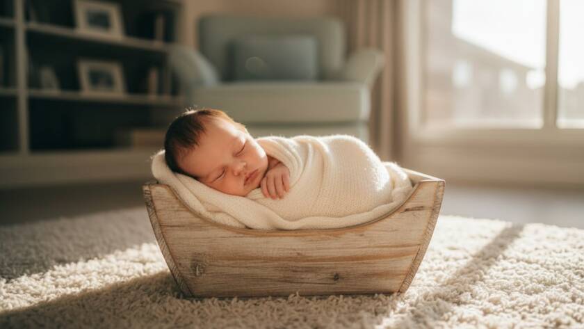 An 'epic moment' style photograph showing a newborn baby peacefully swaddled in soft, earthy tones, gently held in a parent's hands, with a warm, golden sunbeam illuminating the scene, representing gentle newborn photography Clayton South Victoria for timeless memories. The background subtly hints at a serene, suburban Australian home, evoking a sense of calm and love.