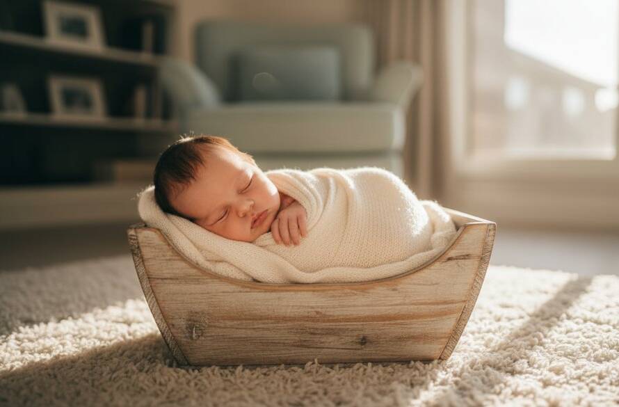 An 'epic moment' style photograph showing a newborn baby peacefully swaddled in soft, earthy tones, gently held in a parent's hands, with a warm, golden sunbeam illuminating the scene, representing gentle newborn photography Clayton South Victoria for timeless memories. The background subtly hints at a serene, suburban Australian home, evoking a sense of calm and love.