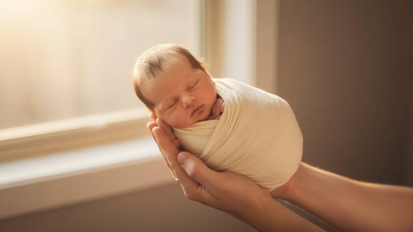 A heartwarming, 'epic moment' style photograph of a newborn baby gently swaddled in soft, earthy tones, held tenderly in parents' hands, with a warm, golden glow casting dramatic lighting in a serene Cranbourne East home studio setting, capturing the delicate beauty of 'gentle newborn photography Cranbourne East cherished moments'.