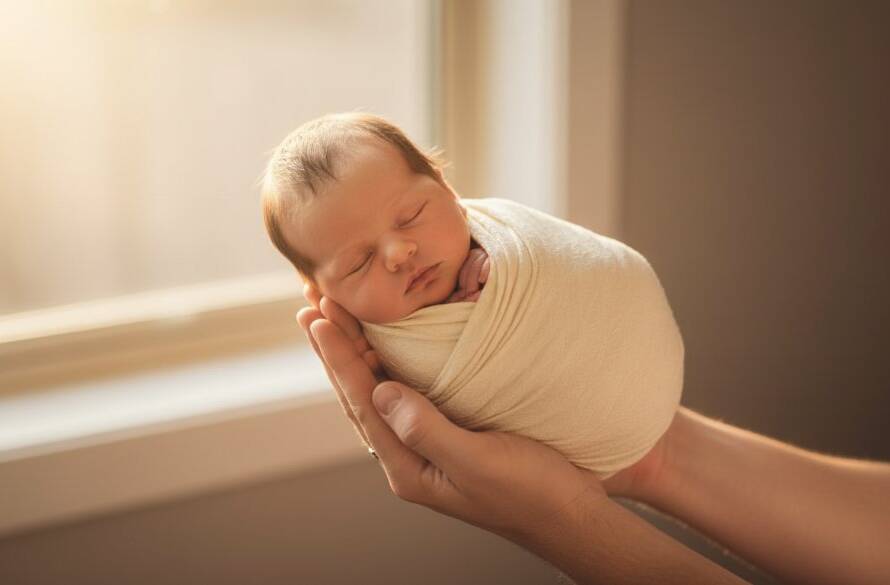 A heartwarming, 'epic moment' style photograph of a newborn baby gently swaddled in soft, earthy tones, held tenderly in parents' hands, with a warm, golden glow casting dramatic lighting in a serene Cranbourne East home studio setting, capturing the delicate beauty of 'gentle newborn photography Cranbourne East cherished moments'.