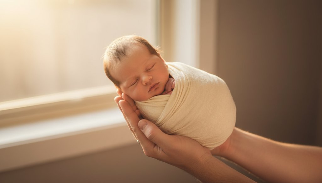 A heartwarming, 'epic moment' style photograph of a newborn baby gently swaddled in soft, earthy tones, held tenderly in parents' hands, with a warm, golden glow casting dramatic lighting in a serene Cranbourne East home studio setting, capturing the delicate beauty of 'gentle newborn photography Cranbourne East cherished moments'.