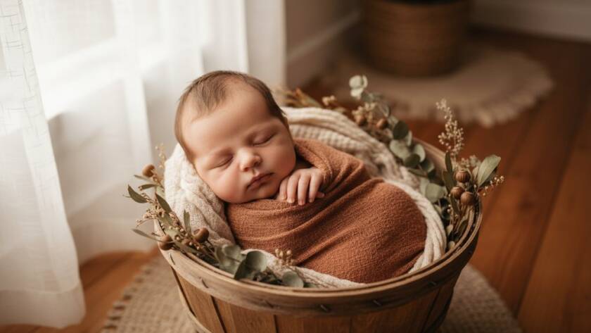 A professional, cinematic shot showcasing gentle newborn photography for Cranbourne families, with a peacefully sleeping baby nestled in soft wraps, bathed in dramatic, warm light against a rustic, natural backdrop, conveying a serene and timeless first moment.