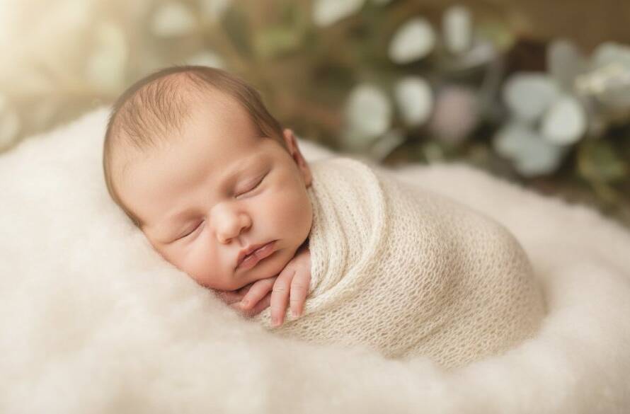 A heartwarming, professional shot showcasing gentle newborn photography Croydon North, VIC, featuring a peacefully sleeping baby swaddled in soft fabrics, bathed in a warm, cinematic glow, with a parent's hand gently cradling them, capturing an epic moment of serene infancy.