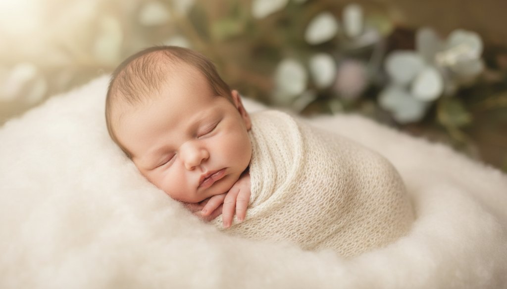 A heartwarming, professional shot showcasing gentle newborn photography Croydon North, VIC, featuring a peacefully sleeping baby swaddled in soft fabrics, bathed in a warm, cinematic glow, with a parent's hand gently cradling them, capturing an epic moment of serene infancy.