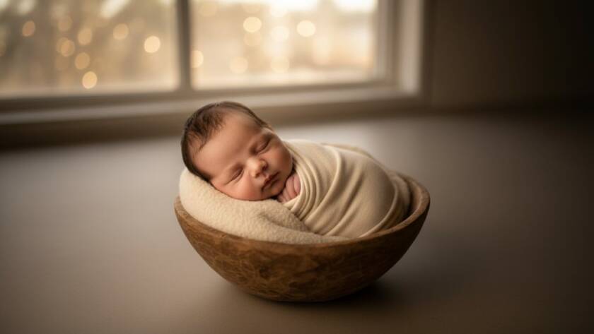 A tender, high-angle close-up of a newborn baby swaddled in soft cream fabric, peacefully sleeping in a rustic wooden basket amidst natural light, with a blurred background suggesting the leafy tranquility of Croydon South, professionally colour-graded for a warm, artistic portrait. Gentle newborn photography Croydon South artistic portraits.