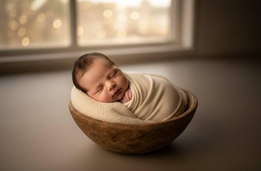 A tender, high-angle close-up of a newborn baby swaddled in soft cream fabric, peacefully sleeping in a rustic wooden basket amidst natural light, with a blurred background suggesting the leafy tranquility of Croydon South, professionally colour-graded for a warm, artistic portrait. Gentle newborn photography Croydon South artistic portraits.