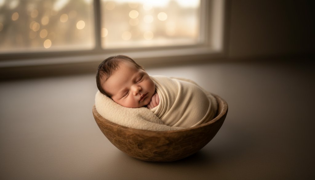 A tender, high-angle close-up of a newborn baby swaddled in soft cream fabric, peacefully sleeping in a rustic wooden basket amidst natural light, with a blurred background suggesting the leafy tranquility of Croydon South, professionally colour-graded for a warm, artistic portrait. Gentle newborn photography Croydon South artistic portraits.