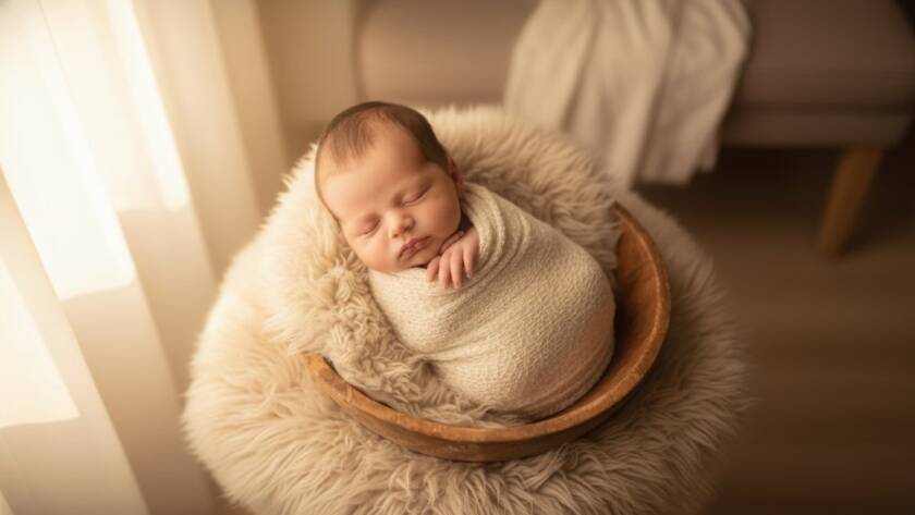 An intimate, professionally colour-graded photograph capturing a gentle newborn photography Frankston North moment, with a baby sleeping peacefully, wrapped in soft fabric, bathed in warm, ethereal light from a nearby window in a beautifully styled nursery, conveying pure innocence and profound love.