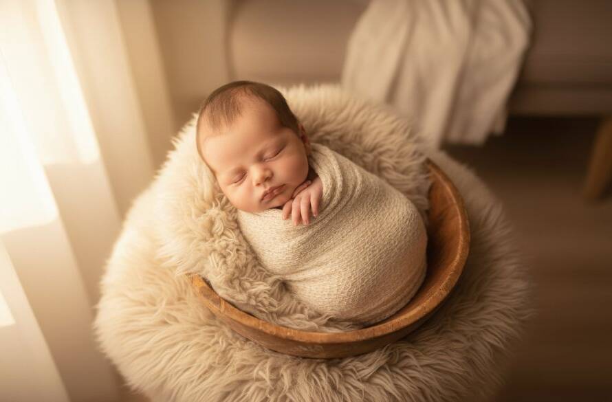 An intimate, professionally colour-graded photograph capturing a gentle newborn photography Frankston North moment, with a baby sleeping peacefully, wrapped in soft fabric, bathed in warm, ethereal light from a nearby window in a beautifully styled nursery, conveying pure innocence and profound love.