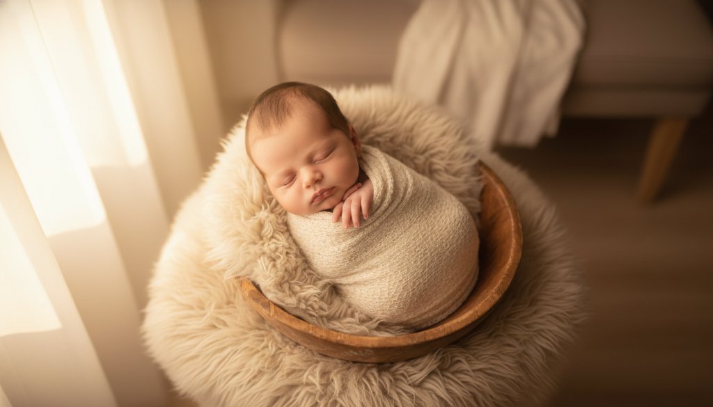 An intimate, professionally colour-graded photograph capturing a gentle newborn photography Frankston North moment, with a baby sleeping peacefully, wrapped in soft fabric, bathed in warm, ethereal light from a nearby window in a beautifully styled nursery, conveying pure innocence and profound love.