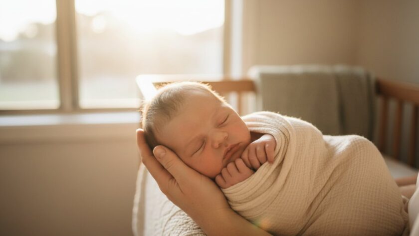 An intimate, beautifully lit portrait of a sleeping newborn wrapped in a soft blanket, cradled gently by a parent's hands, set against a warm, sun-drenched backdrop inside an Irymple home, perfectly encapsulating gentle newborn photography Irymple Victoria homes.