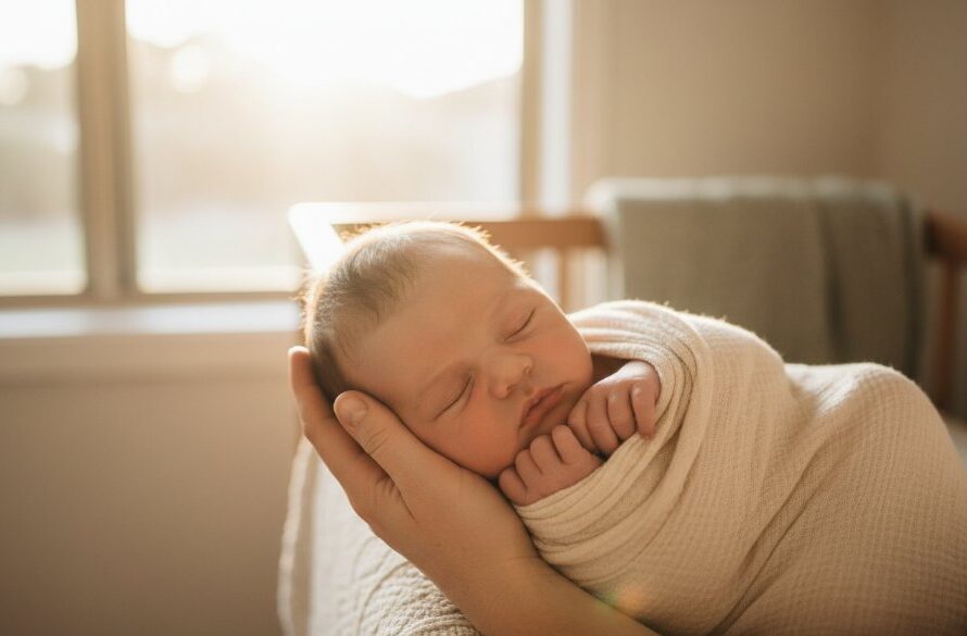 An intimate, beautifully lit portrait of a sleeping newborn wrapped in a soft blanket, cradled gently by a parent's hands, set against a warm, sun-drenched backdrop inside an Irymple home, perfectly encapsulating gentle newborn photography Irymple Victoria homes.
