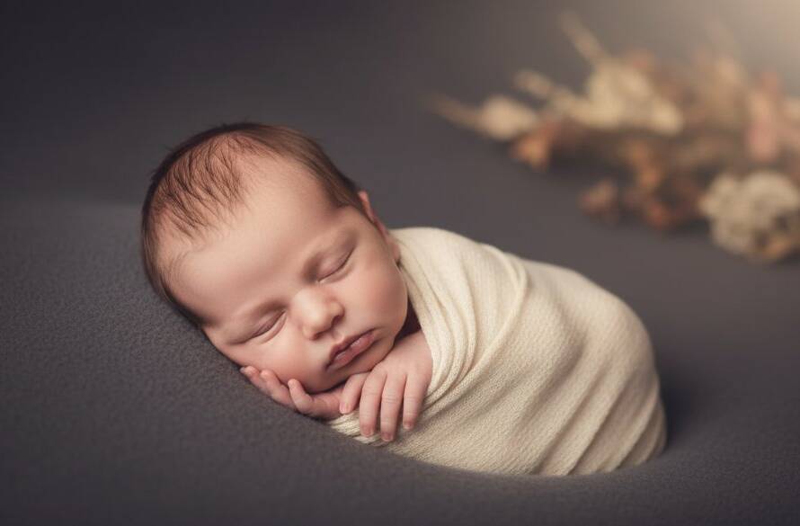 A stunning, professional photograph capturing a serene moment of gentle newborn photography in Keilor Park Victoria, featuring a peacefully sleeping baby swaddled in soft, earthy-toned fabrics, bathed in warm, ethereal light streaming from a window, with a subtle, blurred hint of natural Australian foliage in the background, conveying pure innocence and profound love.