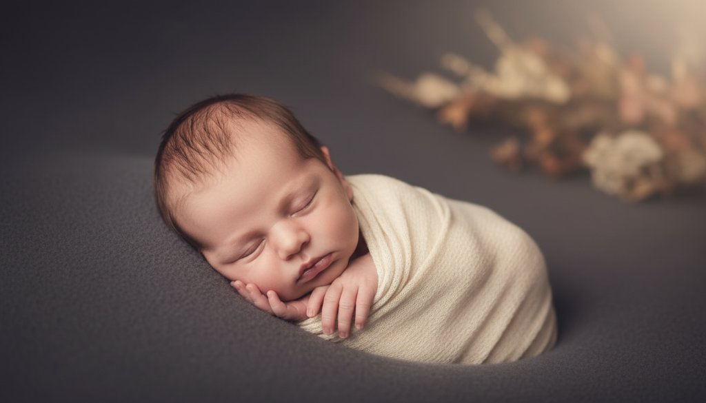 A stunning, professional photograph capturing a serene moment of gentle newborn photography in Keilor Park Victoria, featuring a peacefully sleeping baby swaddled in soft, earthy-toned fabrics, bathed in warm, ethereal light streaming from a window, with a subtle, blurred hint of natural Australian foliage in the background, conveying pure innocence and profound love.