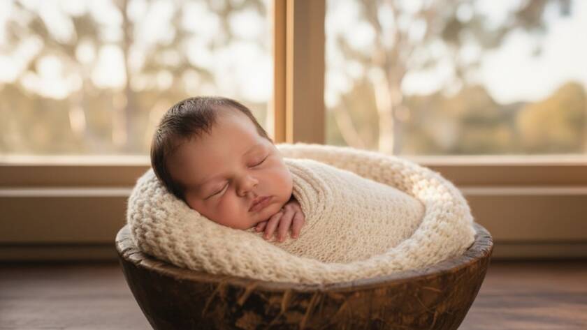 A serene and emotionally resonant 'epic moment' photograph showcasing gentle newborn photography Knoxfield Victoria, with a sleeping baby swaddled in soft cream fabric, nestled in a rustic basket bathed in warm, ethereal golden hour light filtering through tall gum trees in a styled indoor studio setup, evoking peace and new beginnings.