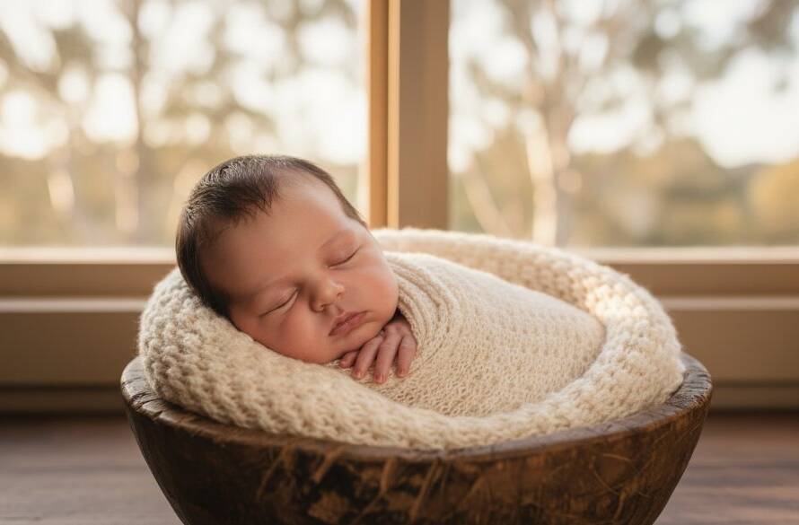 A serene and emotionally resonant 'epic moment' photograph showcasing gentle newborn photography Knoxfield Victoria, with a sleeping baby swaddled in soft cream fabric, nestled in a rustic basket bathed in warm, ethereal golden hour light filtering through tall gum trees in a styled indoor studio setup, evoking peace and new beginnings.