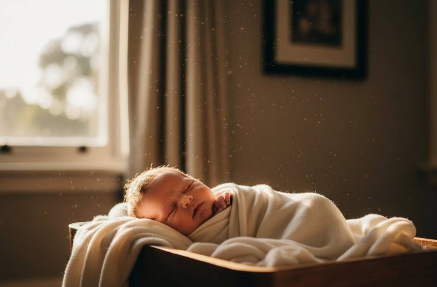 An epic moment in gentle newborn photography Malvern Victoria, featuring a peacefully sleeping baby swaddled in soft linen, bathed in ethereal window light, nestled on a plush sheepskin rug within a charming Malvern home, capturing pure serenity and new life.