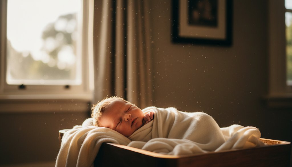 An epic moment in gentle newborn photography Malvern Victoria, featuring a peacefully sleeping baby swaddled in soft linen, bathed in ethereal window light, nestled on a plush sheepskin rug within a charming Malvern home, capturing pure serenity and new life.