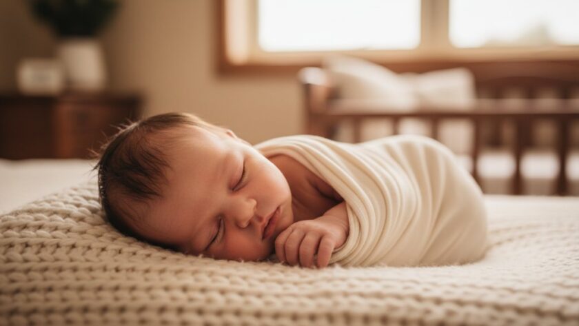 A serene newborn baby, wrapped in soft cream fabric, sleeping peacefully in a rustic wooden basket, illuminated by a warm, soft window light filtering through delicate lace curtains in a cosy Manifold Heights home, capturing the gentle newborn photography Manifold Heights cherished moments.